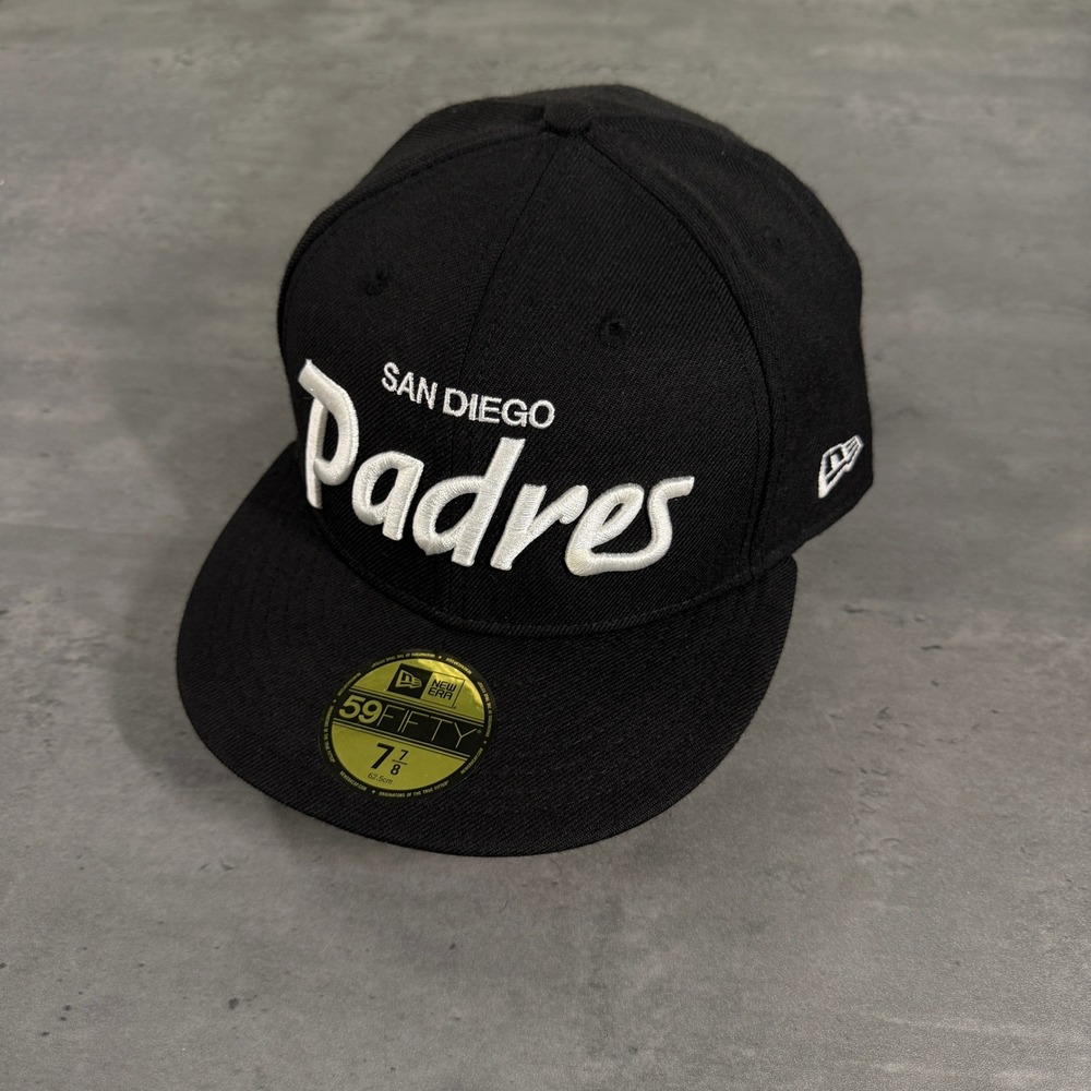 Vintage‎ New Era San Diego Padres Hat 7 7/8 Black White Fitted Script Wool Cap